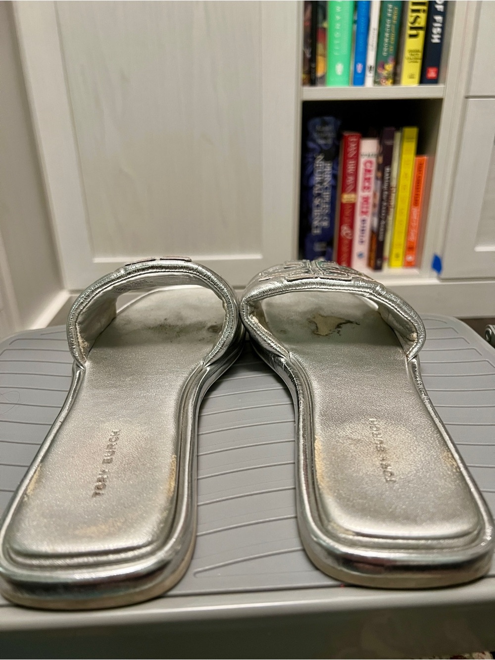 Tory Burch Double T Sport Slide Metallic Silver Leather Cushioned Sandals 8 - Picture 8 of 10